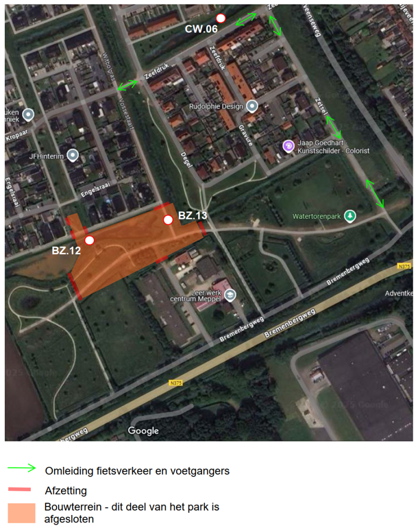 Satelietafbeelding met omleidings fietsvekeer en voetgangers weergegeven.