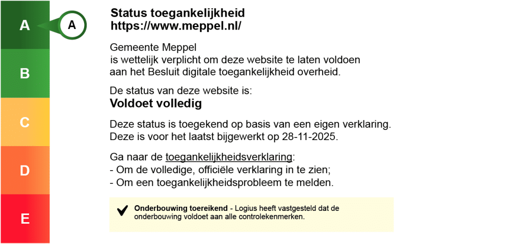 Status toegankelijkheidslabel van www.meppel.nl. Volg de link voor de volledige toegankelijkheidsverklaring.